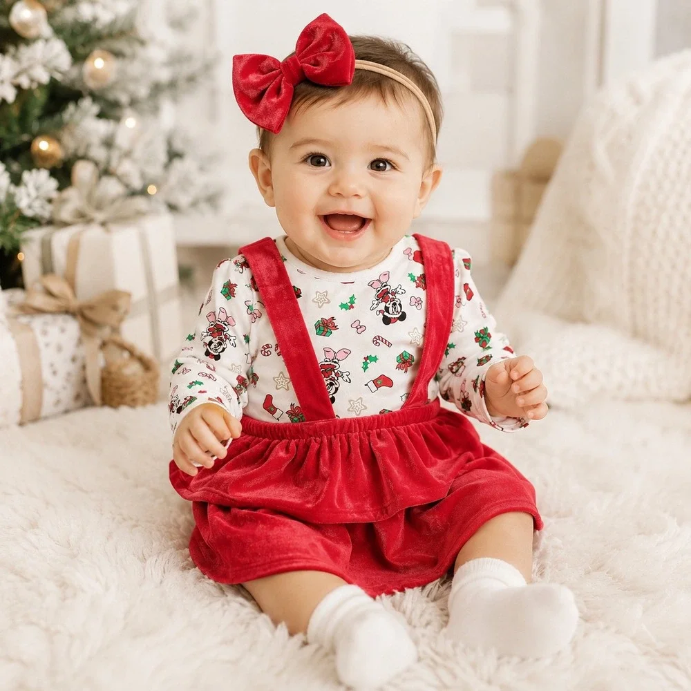 Disney Baby Minnie Mouse Christmas Red Velvet Suspender Skirt Bodysuit Set 12M